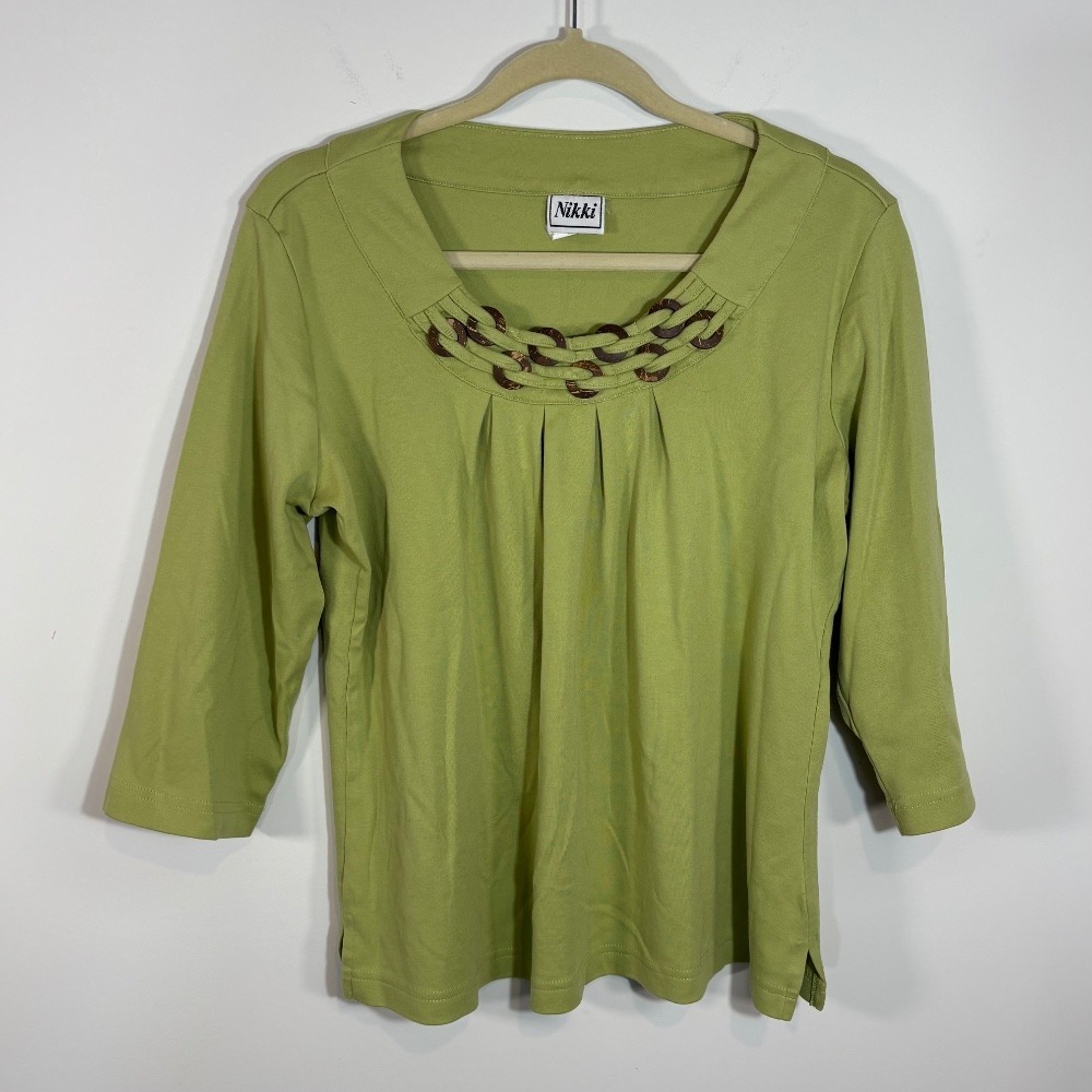 Nikki‎ Womens Top Green Chain Detail 3/4 Sleeve Blouse Sz M